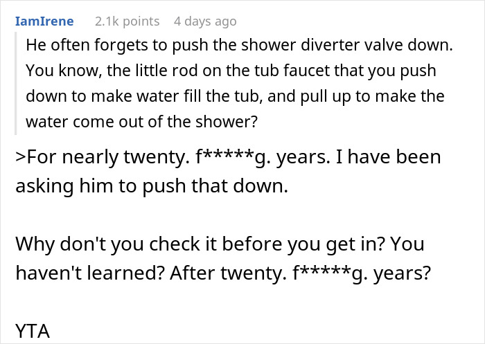 Comment discussing husband's bad memory causing repeated shower issues and wife's frustration leading to cold shower threats.