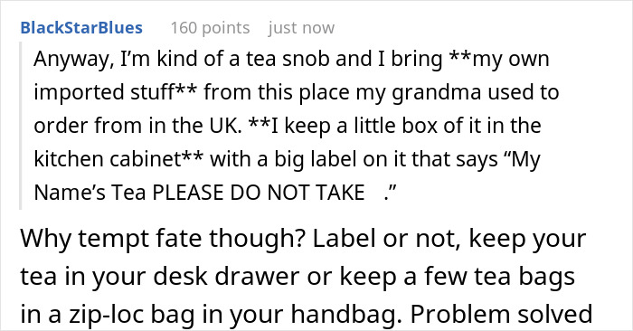 Alt text: coworker tea thief at work warning label on personal tea box in shared kitchen cabinet Alt text: coworker tea thief at work warning label on personal tea box in shared kitchen cabinet