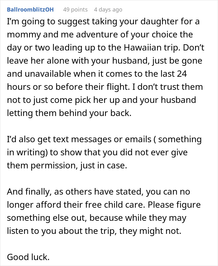 Comment suggesting a mil daughter surprise vacation plan involving a secret mommy and me trip before a Hawaiian vacation.