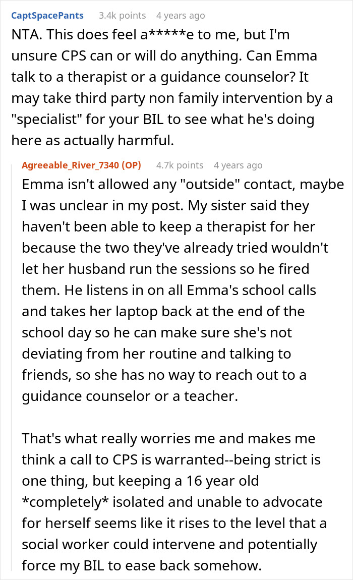 Screenshot of a discussion debating calling CPS after learning about niece&rsquo;s isolated and controlled home life.