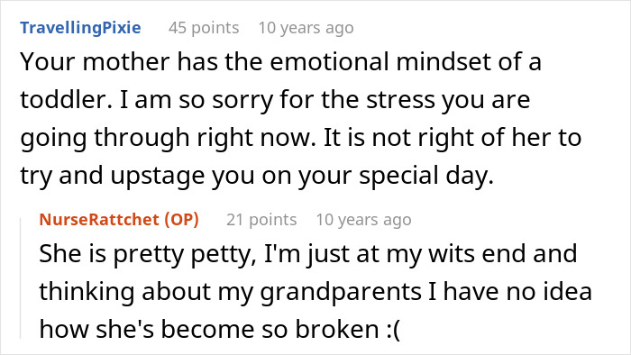 Wedding bride asks mom not to wear white and faces guilt-tripping and gaslighting before snapping in emotional exchange. Wedding bride asks mom not to wear white and faces guilt-tripping and gaslighting before snapping in emotional exchange.