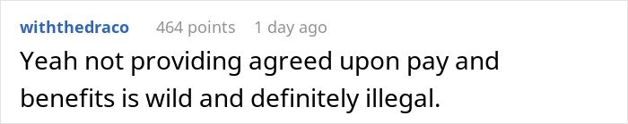 Comment highlighting that not providing agreed pay and benefits is illegal, related to underpaid and fired family issues.