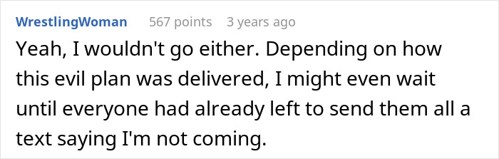 Comment from WrestlingWoman sharing thoughts on family holiday invitation and babysitting expectations.