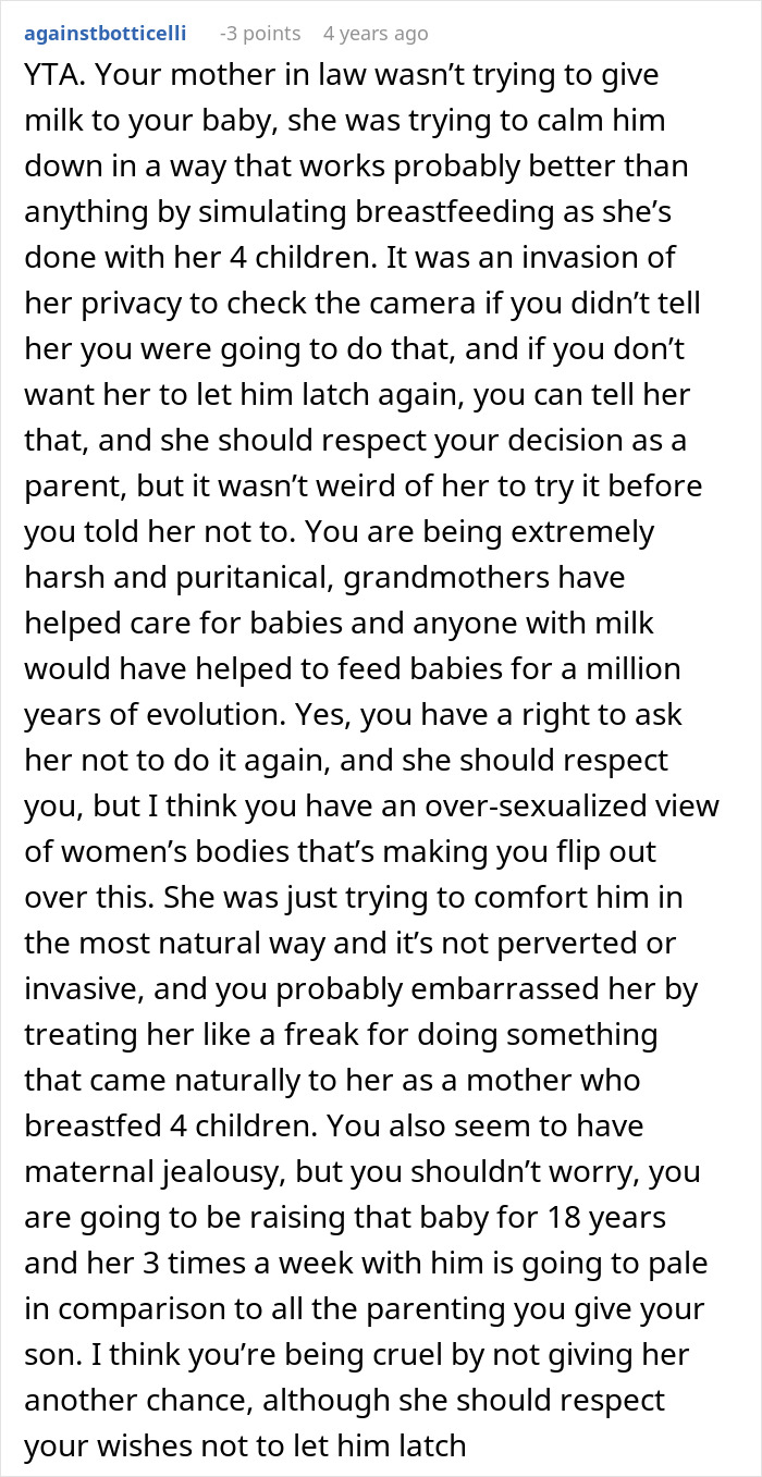 Comment discussing mother-in-law caught trying to breastfeed baby, causing mom to be furious about boundaries.