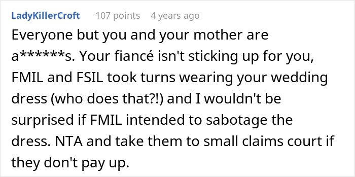 Text post discussing a woman baffled after her wedding dress was ruined by her mother-in-law who demanded to try it on.