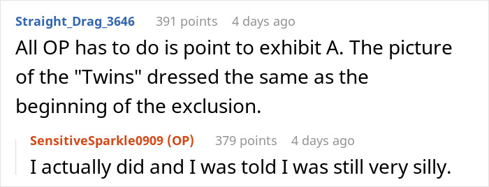 Screenshot of a Reddit conversation discussing family favoring matching triplets and calling the other sibling silly.