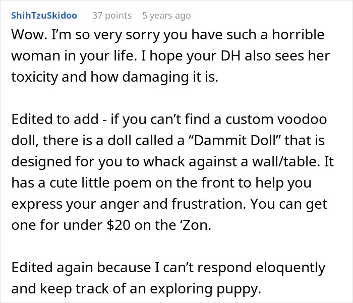 Comment expressing sympathy about mother-in-law toxicity and suggesting a "Dammit Doll" for stress relief after child protective services conflict. Comment expressing sympathy about mother-in-law toxicity and suggesting a "Dammit Doll" for stress relief after child protective services conflict.