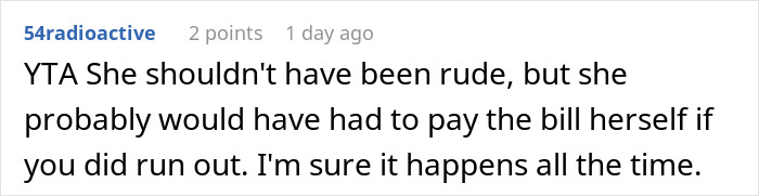 Comment discussing the situation about tipping 83 cents and the consequences of running out on the bill.