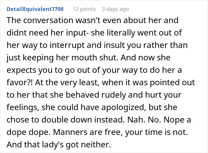 Screenshot of a Reddit comment discussing refusal to babysit niece due to sister-in-law’s rudeness and lack of manners. Screenshot of a Reddit comment discussing refusal to babysit niece due to sister-in-law’s rudeness and lack of manners.