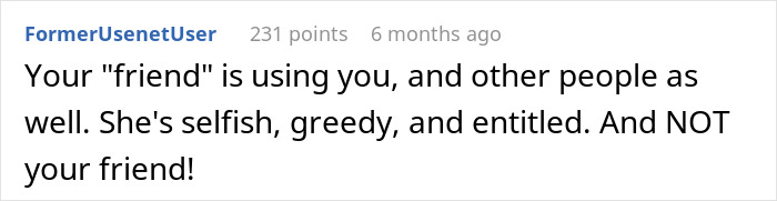 Comment text about a woman setting boundaries with a friend who keeps using her and her toddler.