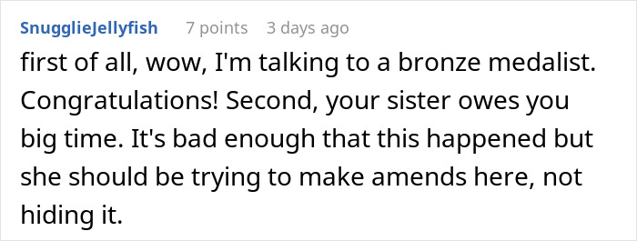 Screenshot of a Reddit comment discussing a woman learning her sister&rsquo;s friends drank her irreplaceable champagne.