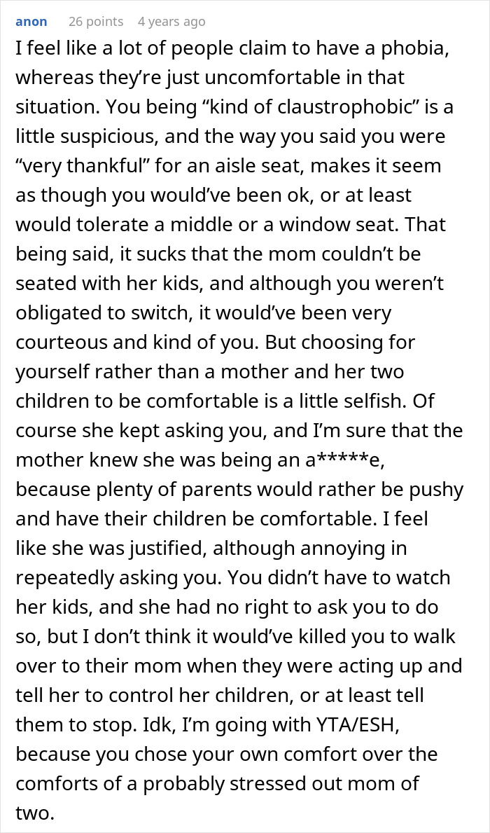 Comment discussing a person not switching seats on an airplane and ignoring a mother&rsquo;s children during the flight.