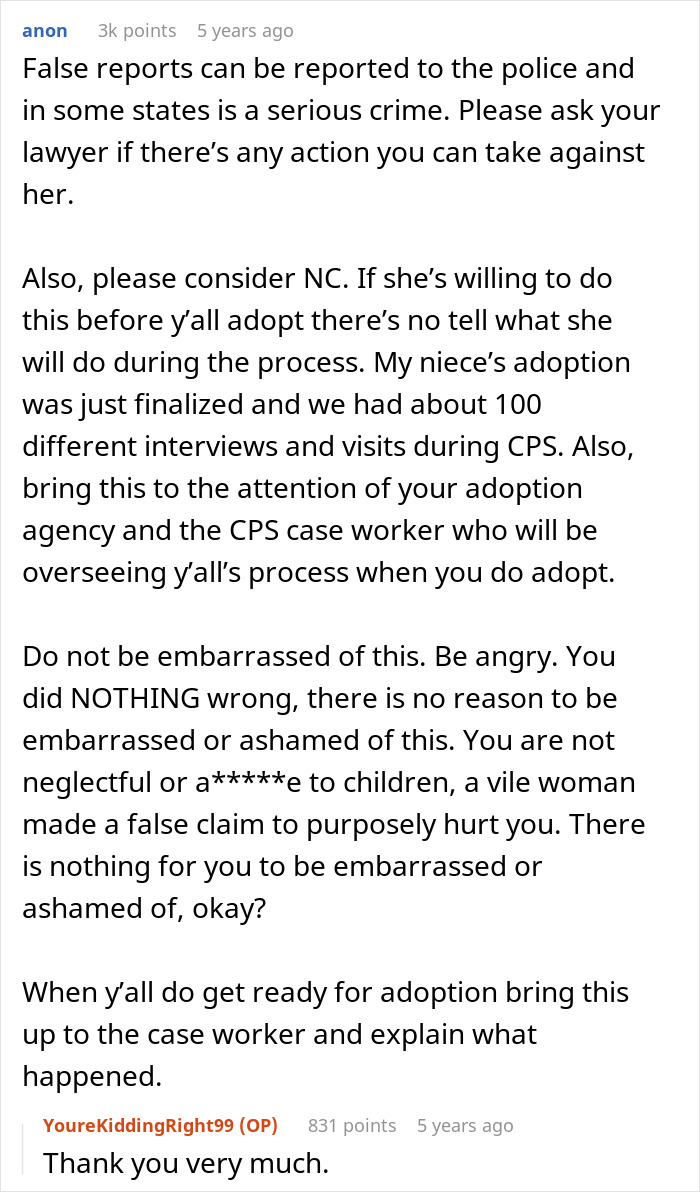 Commenter advising on handling false Child Protective Services reports and dealing with adoption challenges and case workers. Commenter advising on handling false Child Protective Services reports and dealing with adoption challenges and case workers.