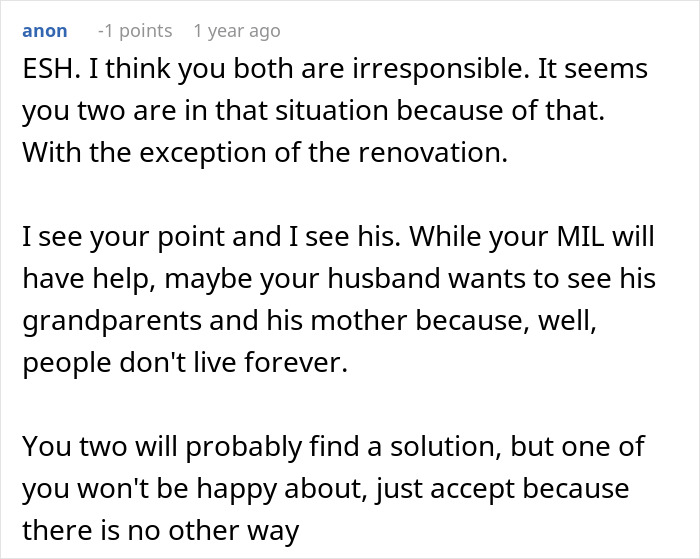 Comment discussing a married couple's moving house challenges as the husband leaves everything for wife while he travels.