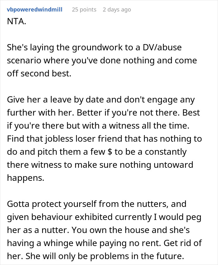 Comment discussing tenant conflicts and advice for a man who inherits a house, highlighting tenant claims about living conditions.