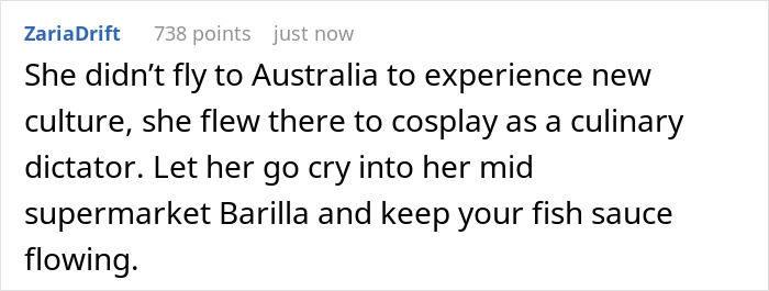 Screenshot of a social media post mocking a person for using spices and drinking cappuccino after noon while hosting an Italian friend.