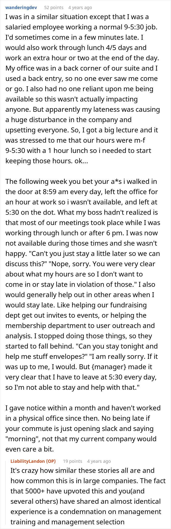 Text post showing a user explaining how he strictly stuck to his schedule after being told to stop being late.