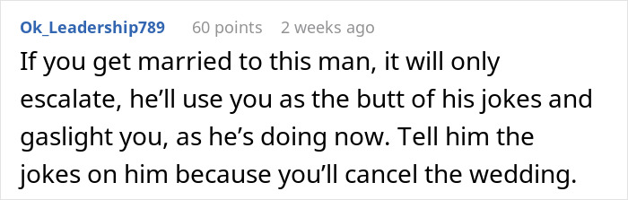 Screenshot of a social media comment describing a groom-to-be making cold feet jokes, causing the bride to doubt the wedding.