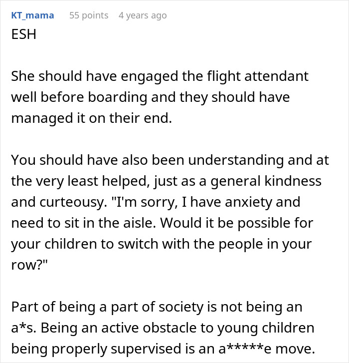 Comment discussing not switching airplane seats with a mother and ignoring her children, highlighting flight anxiety and courtesy.