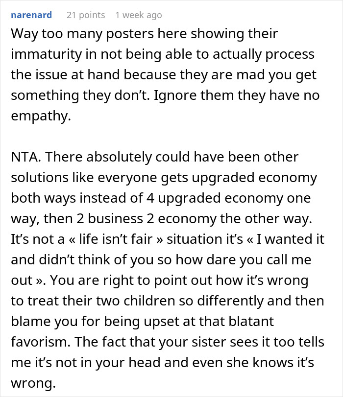 Text post discussing family vacation conflict as dad upgrades one kid to business class, causing sibling favoritism frustration. Text post discussing family vacation conflict as dad upgrades one kid to business class, causing sibling favoritism frustration.