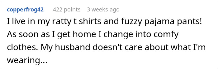 Screenshot of a Reddit comment discussing comfort clothing and not wearing sexy clothes around a partner.