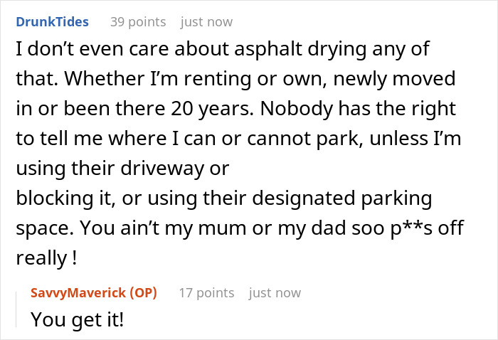 Online exchange showing a heated argument about parking rights and refusal to move a car from a public spot. Online exchange showing a heated argument about parking rights and refusal to move a car from a public spot.