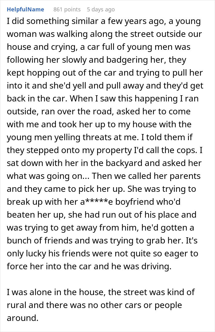 Comment sharing a personal story about confronting men trying to kidnap a girl and helping her stay safe. Comment sharing a personal story about confronting men trying to kidnap a girl and helping her stay safe.