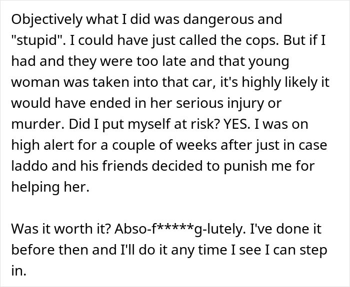 Text excerpt discussing the risk and decision involved when confronting men trying to kidnap a drunk girl, highlighting the guy's protective actions. Text excerpt discussing the risk and decision involved when confronting men trying to kidnap a drunk girl, highlighting the guy's protective actions.
