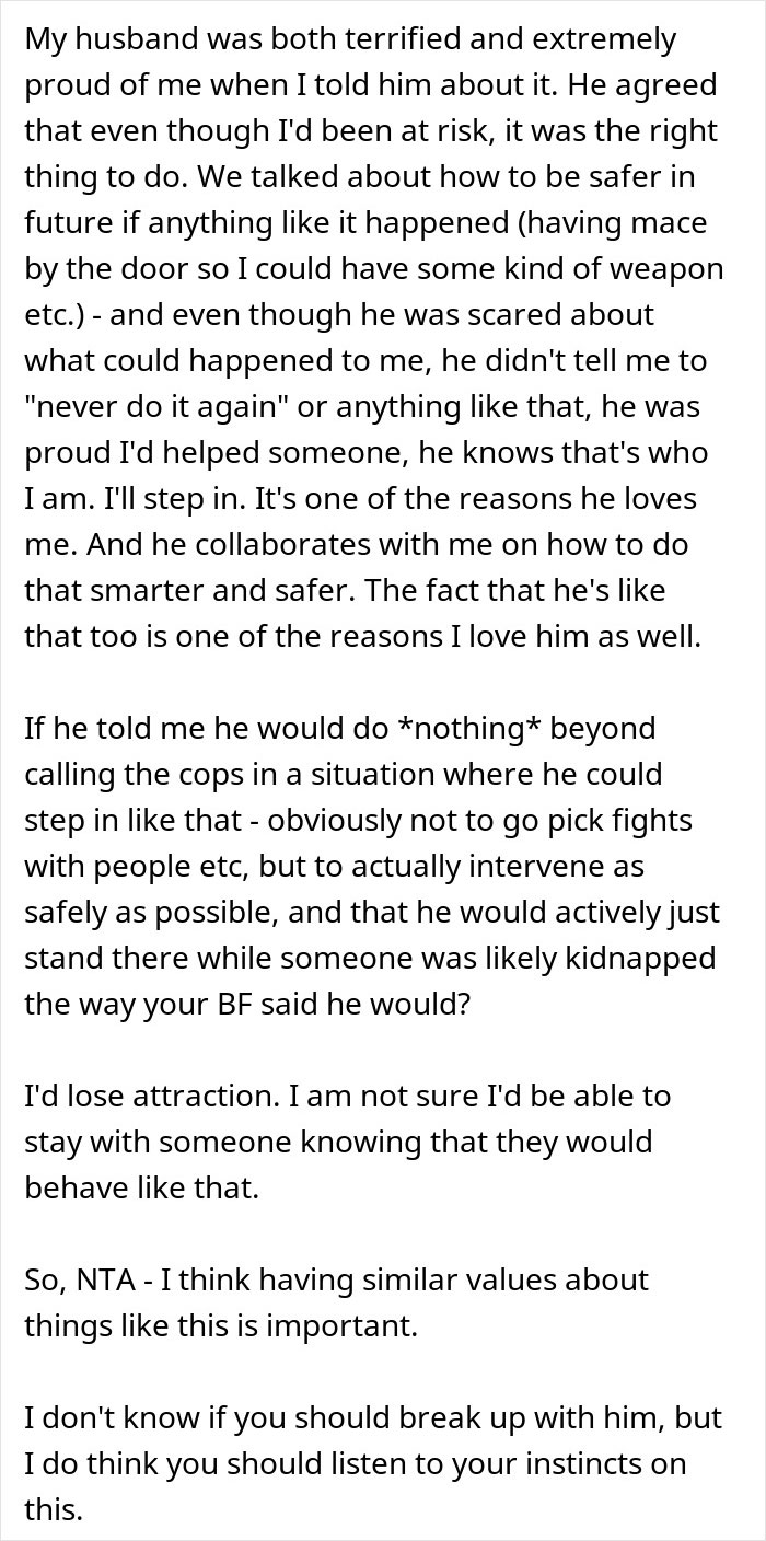 Text excerpt discussing a woman's husband reacting to a kidnapping confrontation and reflecting on safety and relationship values. Text excerpt discussing a woman's husband reacting to a kidnapping confrontation and reflecting on safety and relationship values.