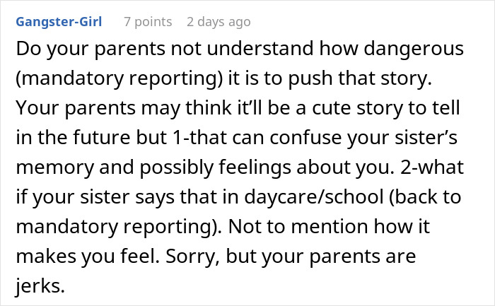 Comment discussing dangers of pushing a story about a woman refusing to watch sister after alleged leg injury claim.