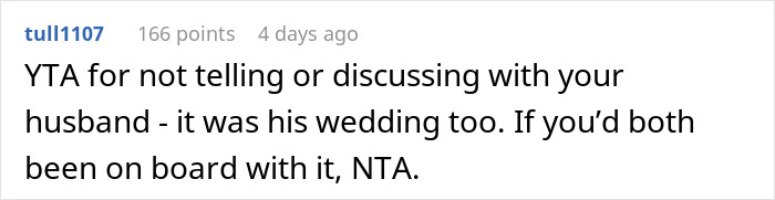 Comment discussing opinions on secretly selling alcohol at a dry wedding to cover costs, shared in an online forum.