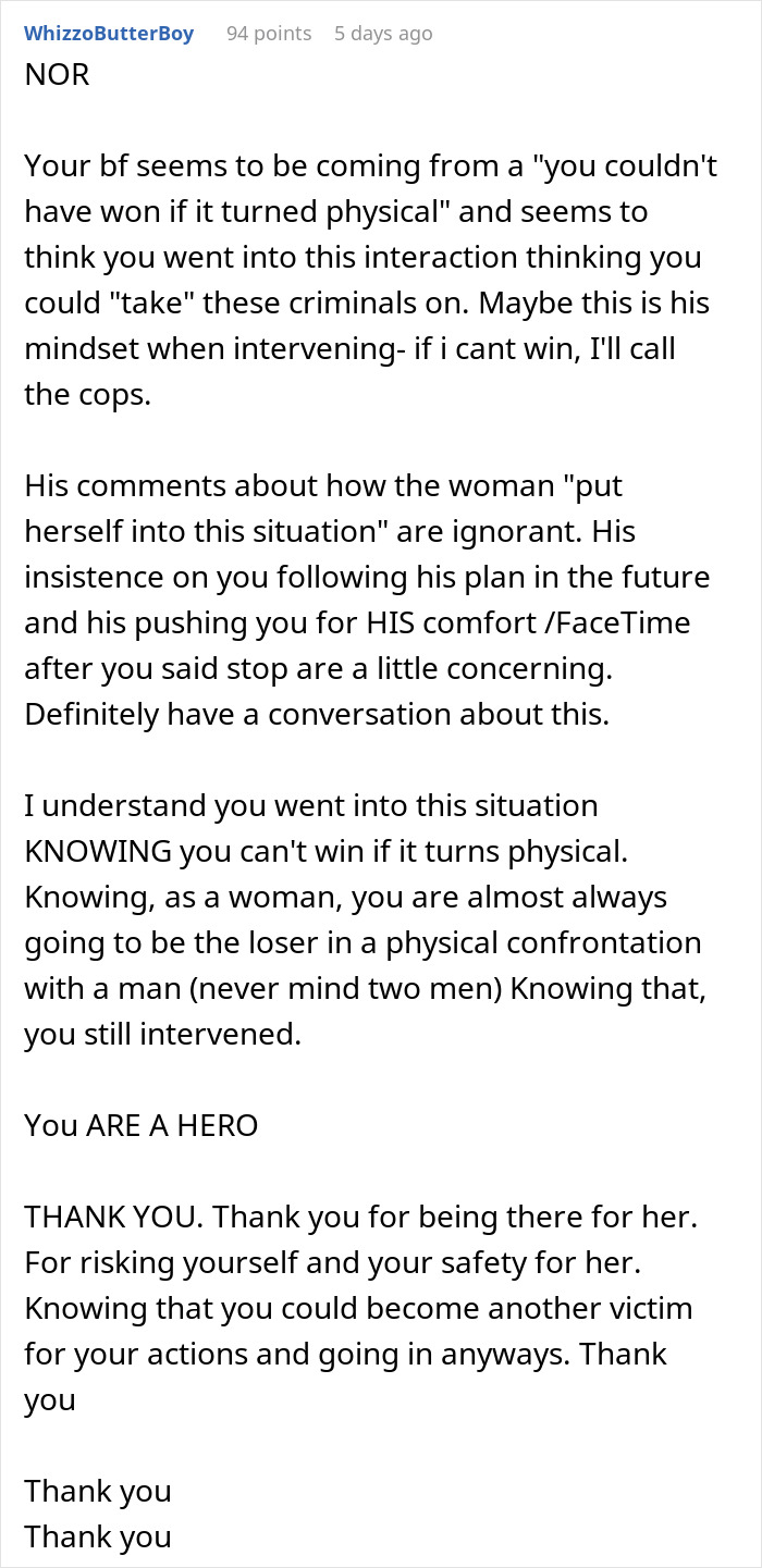 Comment praising a girlfriend for confronting two men trying to kidnap a drunk girl and calling her a hero for intervening. Comment praising a girlfriend for confronting two men trying to kidnap a drunk girl and calling her a hero for intervening.