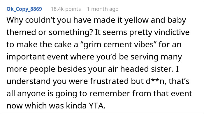 Comment discussing a gray cake criticized for poor theme at a gender reveal party, blaming the pregnant sister for the choice.