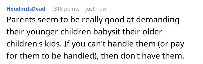 Screenshot of an online comment about 14YO becoming paranoid and sleep-deprived due to daily babysitting duties.
