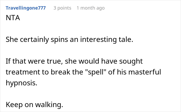 Screenshot of an online comment discussing a wife cheating and offering an unbelievable mind-controlled excuse.