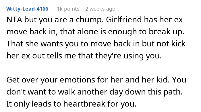 Screenshot of an online comment discussing a guy chipping in $2K toward his girlfriend’s mortgage and moving out when her ex becomes their new roommate. Screenshot of an online comment discussing a guy chipping in $2K toward his girlfriend’s mortgage and moving out when her ex becomes their new roommate.