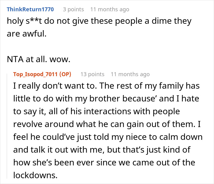 Screenshot of an online discussion about a man needing his niece to watch his 11-year-old son during an emergency.