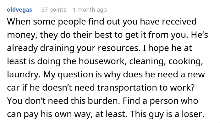 ALT text: Comment discussing a jobless guy expecting his provider girlfriend to share her $20K win and refusing to buy him a car.