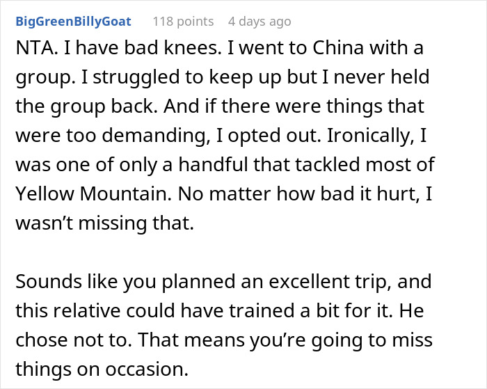 Comment discussing bil struggles on a China trip, mentioning challenges keeping up with group activities and hiking.