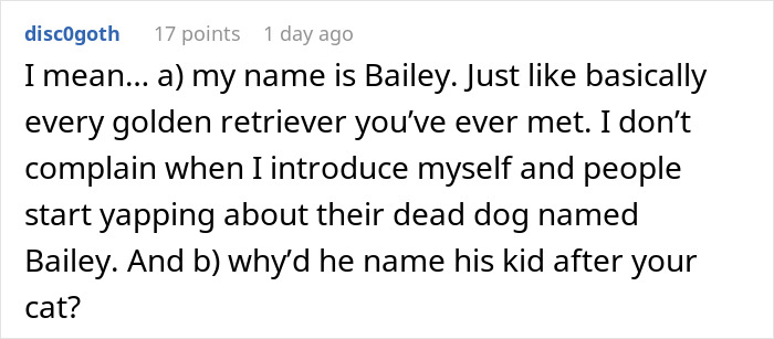 Reddit user comments on a friend claiming the cat’s name for their newborn, questioning the choice. Reddit user comments on a friend claiming the cat’s name for their newborn, questioning the choice.