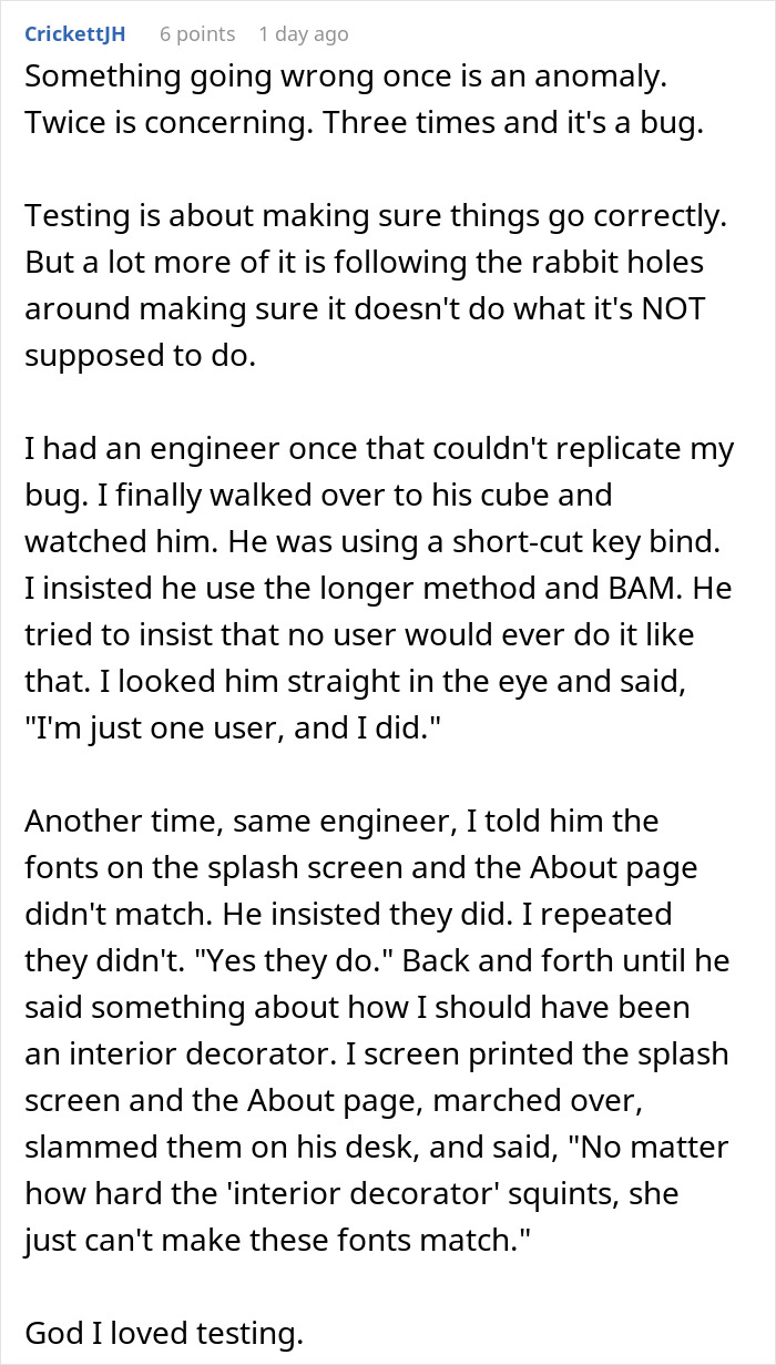 Comment discussing exploratory testing challenges and a developer reporting bugs in software and game development. Comment discussing exploratory testing challenges and a developer reporting bugs in software and game development.