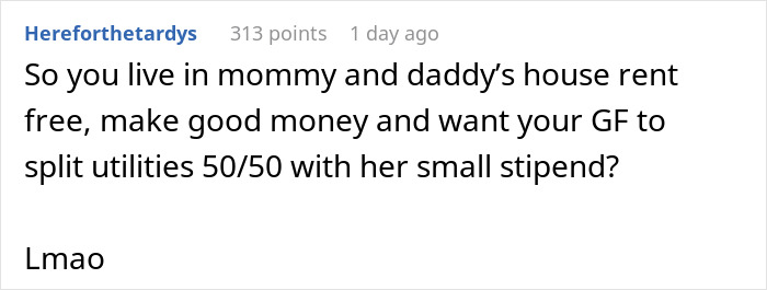 Text post humorously discussing a furious boyfriend insisting on splitting utilities 50/50 before letting his girlfriend move in. Text post humorously discussing a furious boyfriend insisting on splitting utilities 50/50 before letting his girlfriend move in.
