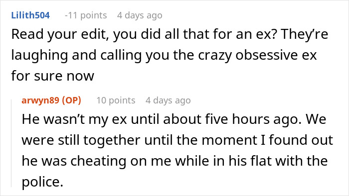 Reddit comments discussing a police intervention after a worried girlfriend&rsquo;s call about a mentally unstable boyfriend.