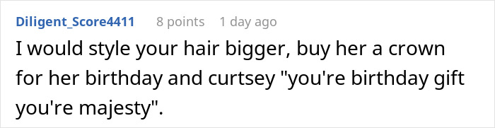 Screenshot of a comment about styling hair bigger and buying a crown for a birthday celebration.