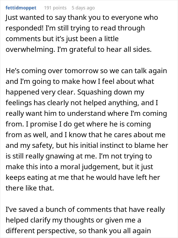 Reddit comment expressing gratitude and discussing feelings after girlfriend confronts men trying to kidnap drunk girl. Reddit comment expressing gratitude and discussing feelings after girlfriend confronts men trying to kidnap drunk girl.
