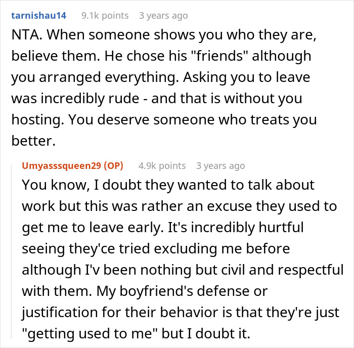 Text conversation showing a woman refusing to leave party she planned after boyfriend and friends demand privacy.