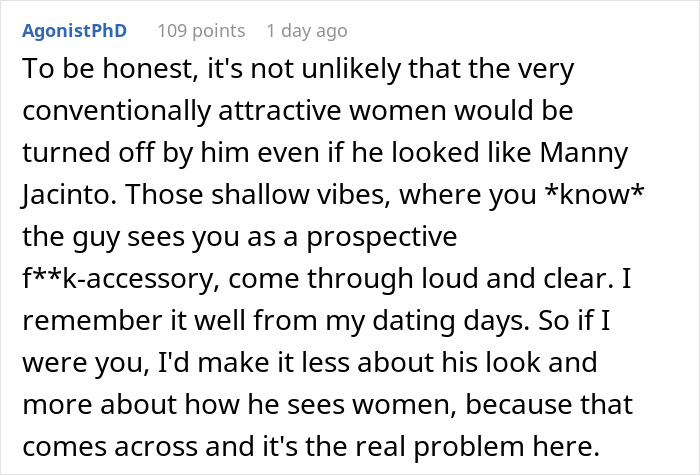 Comment discussing shallow attitudes of a man wanting to date influencer-like women and a friend's reality check. Comment discussing shallow attitudes of a man wanting to date influencer-like women and a friend's reality check.