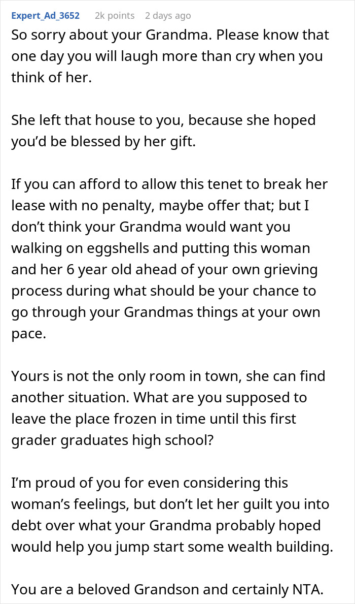 Comment discussing man inheriting house and tenant making living there terrifying during grieving process.