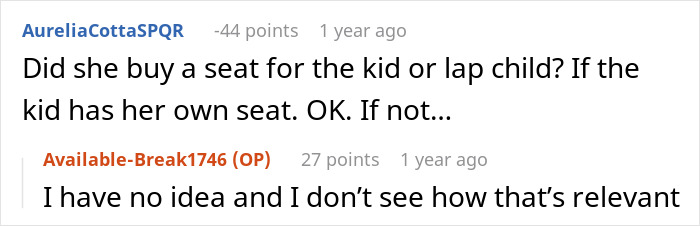 Screenshot of a conversation debating rebooking a flight to avoid babysitting a niece, involving user comments and points. Screenshot of a conversation debating rebooking a flight to avoid babysitting a niece, involving user comments and points.