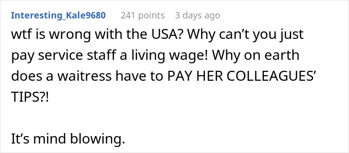 Comment discussing frustration with tipping culture and service staff wages related to tipping 83 cents dilemma.